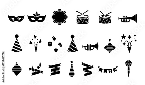 A set of black and white party icons and symbols on a white background