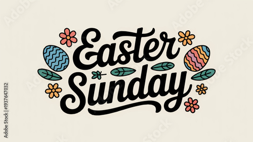 Easter sunday greeting with colorful eggs and flowers on beige background
