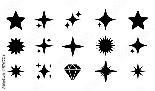 A set of black star and diamond vector icons on a white background