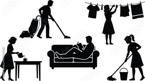 People daily home activities silhouettes including vacuum cleaning, hanging laundry, making tea, relaxing on sofa, mopping floor lifestyle