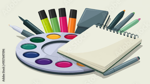 Colorful art supplies paint palette markers and notebook for creative hobbies and artistic expression