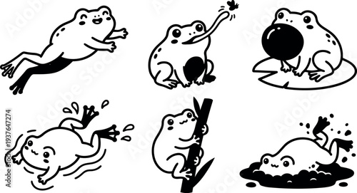 Line art close up six playful frog characters leaping catching puffing swimming and climbing on pond with bold black lines