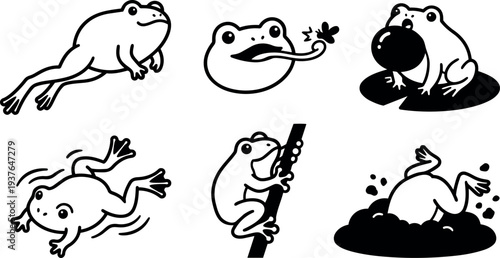 Line art cartoon frog icon set six playful poses tongue catching fly climbing diving sitting croaking puffed cheek bold outline