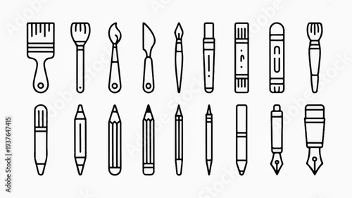 Various drawing and painting tools arranged in rows on a white background for artistic purposes