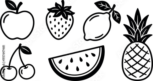 Line art fruit icon set close up apple strawberry lemon cherries watermelon pineapple bold outline isolated vector black white minimal