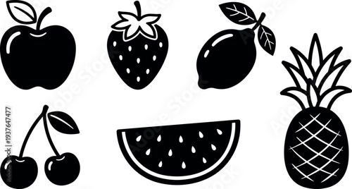 Flat design black fruit icons set with apple strawberry lemon cherries watermelon slice and pineapple clean vector silhouettes minimal packaging