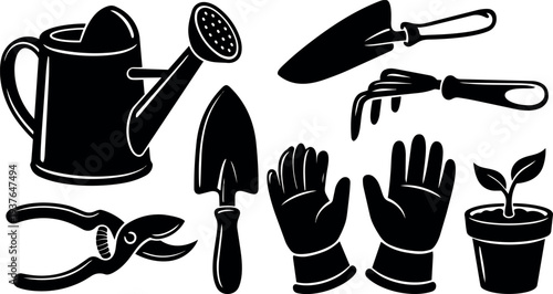 Flat design black gardening tool silhouettes close up trowel watering can gloves pruning shears and potted seedling top view layout
