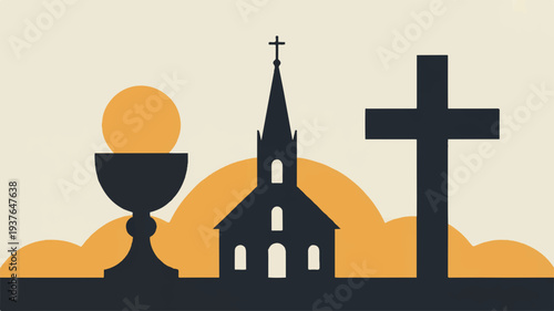 Silhouette of church with steeple cross and chalice against sunset sky with orange clouds