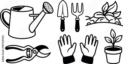 Line art close up gardening tools watering can pruning shears trowel fork gloves potted seedling soil pile black outline icons
