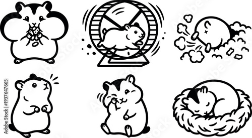 Cute line art hamster sticker set showing chubby hamster eating running on wheel sleeping in nest playful vector icons collection
