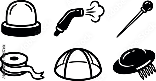 Line art vector icons set showing six hat and accessory symbols close up black and white minimal flat design bold