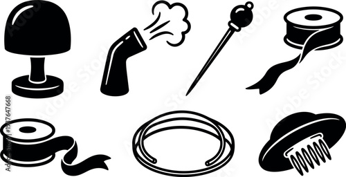 Flat design closeup hat making tools showing hat block steam nozzle hat pin ribbon spool wire and comb silhouette sideview
