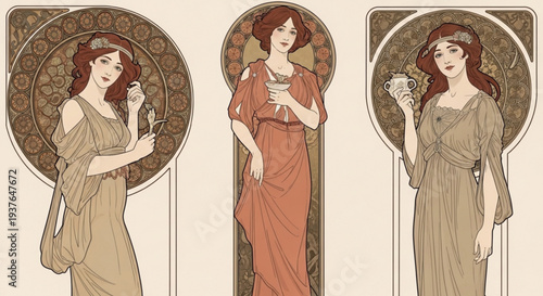 Three women in elegant dresses holding flowers and a glass art nouveau style illustrations with ornate circular backgrounds