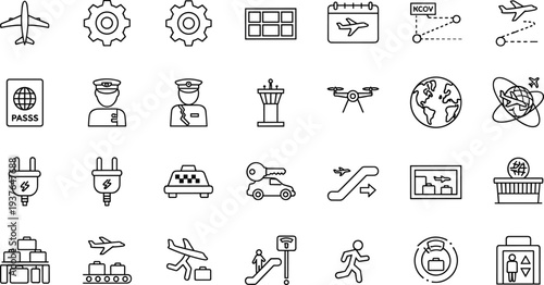 Airport and aviation line icon set with airplane, passport, drone, boarding pass, taxi, escalator and travel navigation symbols