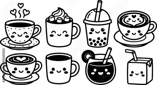 Kawaii line art cute drink icons set eight smiling cups with latte art boba bubble tea and juice close up