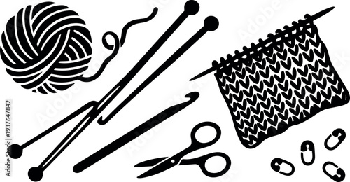 Flat design overhead view of knitting tools ball of yarn needles crochet hooks scissors stitch markers textile swatch close up