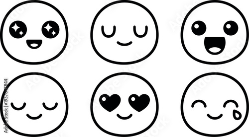 Flat line art emoji face set six simple kawaii round icons with varied expressions close up black stroke minimal style