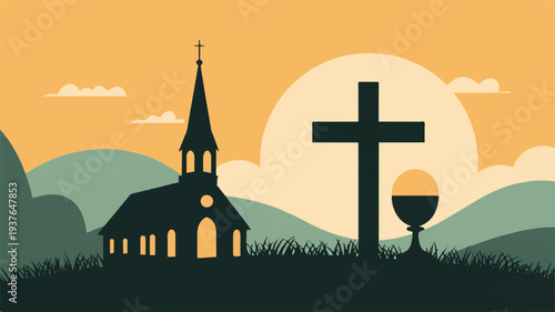 Serene church with steeple and cross at sunset symbolizing faith and spirituality in a peaceful landscape