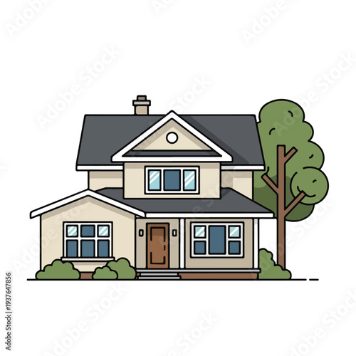 Two Story Residential House with Tree and Garden Illustration