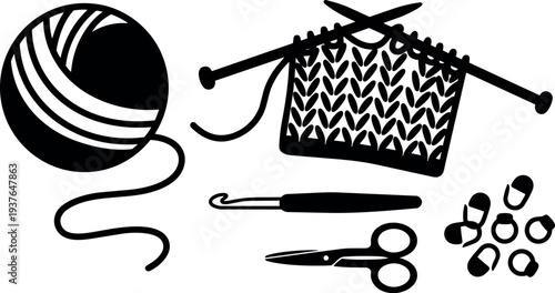 Flat design close up knitting needles and crochet hook with yarn ball scissors and stitch markers on white background clean