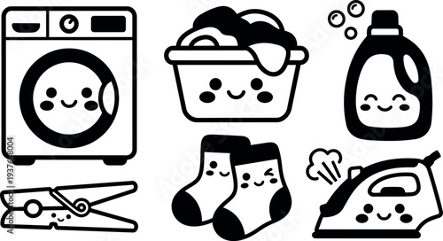 Flat design kawaii laundry icons smiling washing machine basket socks detergent iron clothespin cute minimal set black white vector illustration