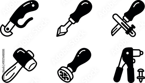 Minimalist vector leathercraft tool icons set close up six black stamp awl mallet cutter edge beveller rivet setter top view