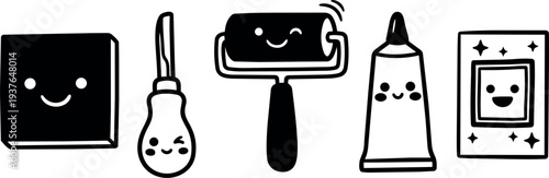 Minimalist kawaii vector art craft tools smiling sponge knife roller glue tube framed print flat icon set close up studio