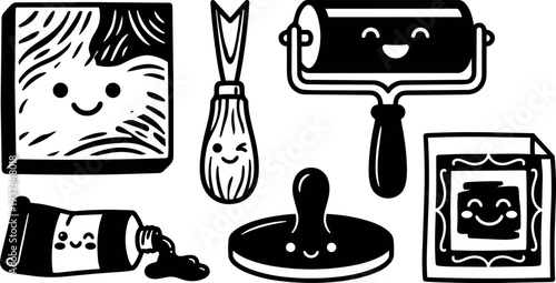 Line art vector printmaking tools close up smiling brayer ink tube carving block ink slab brush studio scene flat minimal