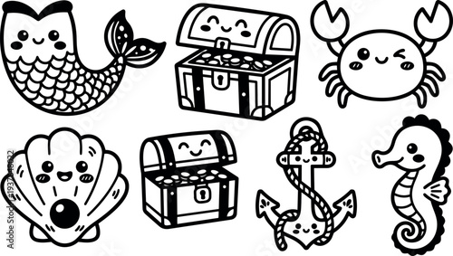 Kawaii line art vector set mermaid tail shell seahorse crab anchor treasure chest smiling faces style sticker sheet ocean cute