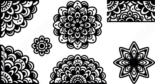 Line art mandala decorative corner and round floral ornaments set isolated on white background with bold contrast vector flat graphic