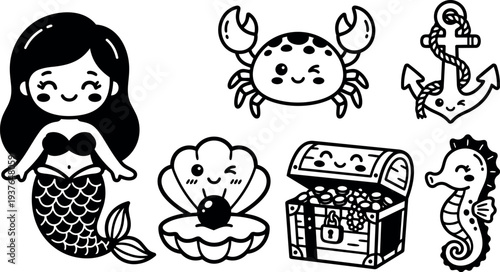 Kawaii line art mermaid with smiling crab seahorse anchor clam and treasure chest icons flat vector set smiling faces isolated