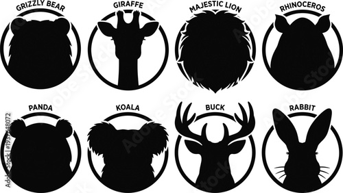 Wild animal badge icons with names grizzly bear giraffe lion rhinoceros panda koala buck rabbit vector wildlife illustration