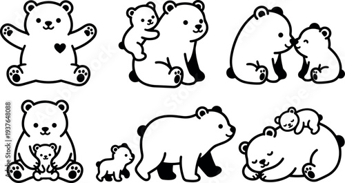 Line art cute bear family vector set showing mother and cubs in playful poses with heart and sleeping sitting