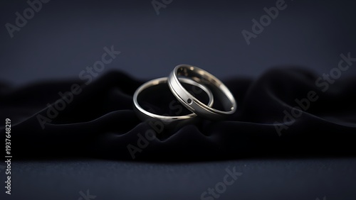 electroluminescence. Two silver wedding bands overlapping on dark velvet fabric. lifestyle magazines, social media lookbooks, designed for lifestyle magazines and social media content.