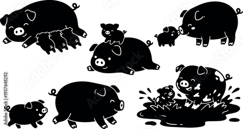 Flat vector silhouette pig family mother pig nursing piglets running playful baby pigs splashing in mud side view cute black