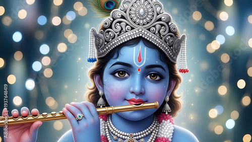 Krishna playing flute with ornate crown and jewelry in festive atmosphere