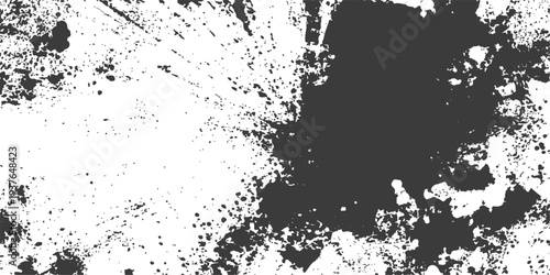 An abstract black and white grunge background featuring ink splatters and a dirty paint texture frame with artistic spray stains and a vector pattern design