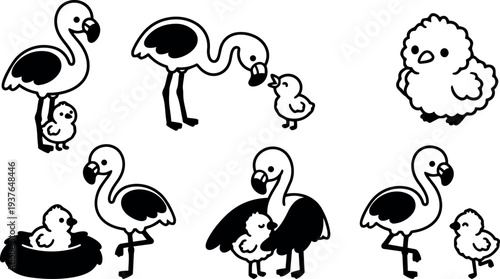 Line art flat vector set of flamingo and chick icons various poses nesting walking feeding close up playful mother baby