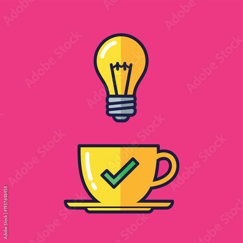 Yellow Coffee Cup with Checkmark and Lightbulb.