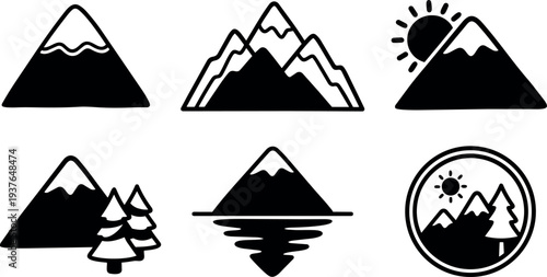Minimalist line art mountain icon set showing six variations including sun trees reflection badge and snow capped peaks black white