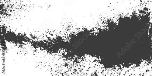 An abstract black ink splat grunge background featuring a dirty paint splatter texture with a decorative floral silhouette design and a spray stained border frame on paper