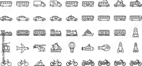 Transportation and vehicle line icon set with bus, car, train, airplane, bicycle, ship, helicopter and travel transport symbols