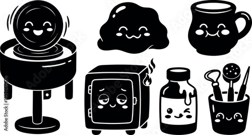 Minimalist kawaii pottery tools vector set close up smiling clay on wheel ceramic mug kiln glaze jar tool cup icons