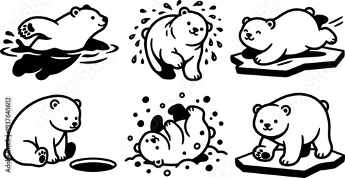 Line art playful polar bear icon set six poses swimming shaking sliding sitting rolling on ice cute minimal vector illustration
