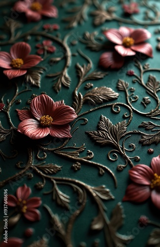 Dark embossed leather shows intricate floral vine patterns. Textured deep green material has raised red flowers and bronze leaves. Elegant gothic design.