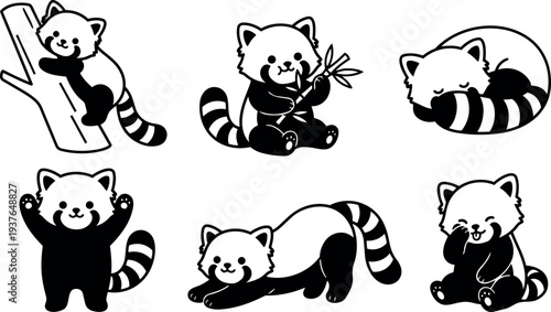 Line art cute red panda set showing climbing holding bamboo sleeping waving stretching sitting rolling smiling silhouettes in monochrome style