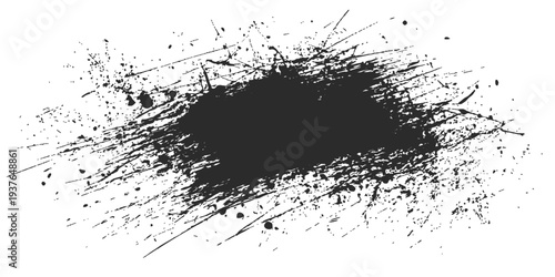 Abstract grunge background with black ink splat and paint splatter texture featuring a dirty brush drip and liquid spray pattern for an artistic vector illustration design element
