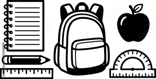 Line art vector backpack and school supplies flat icons showing notebook pencil ruler protractor apple front view minimal black white