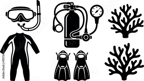 Flat design scuba gear icon set close up diving mask snorkel wetsuit tank gauge fins coral black silhouette equipment overview