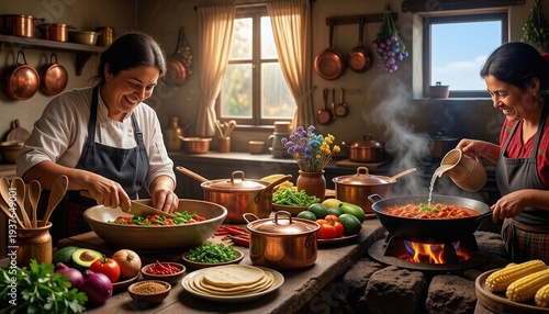 Women cook together in a kitchen preparing fresh food with copper pots and vegetables during daylight